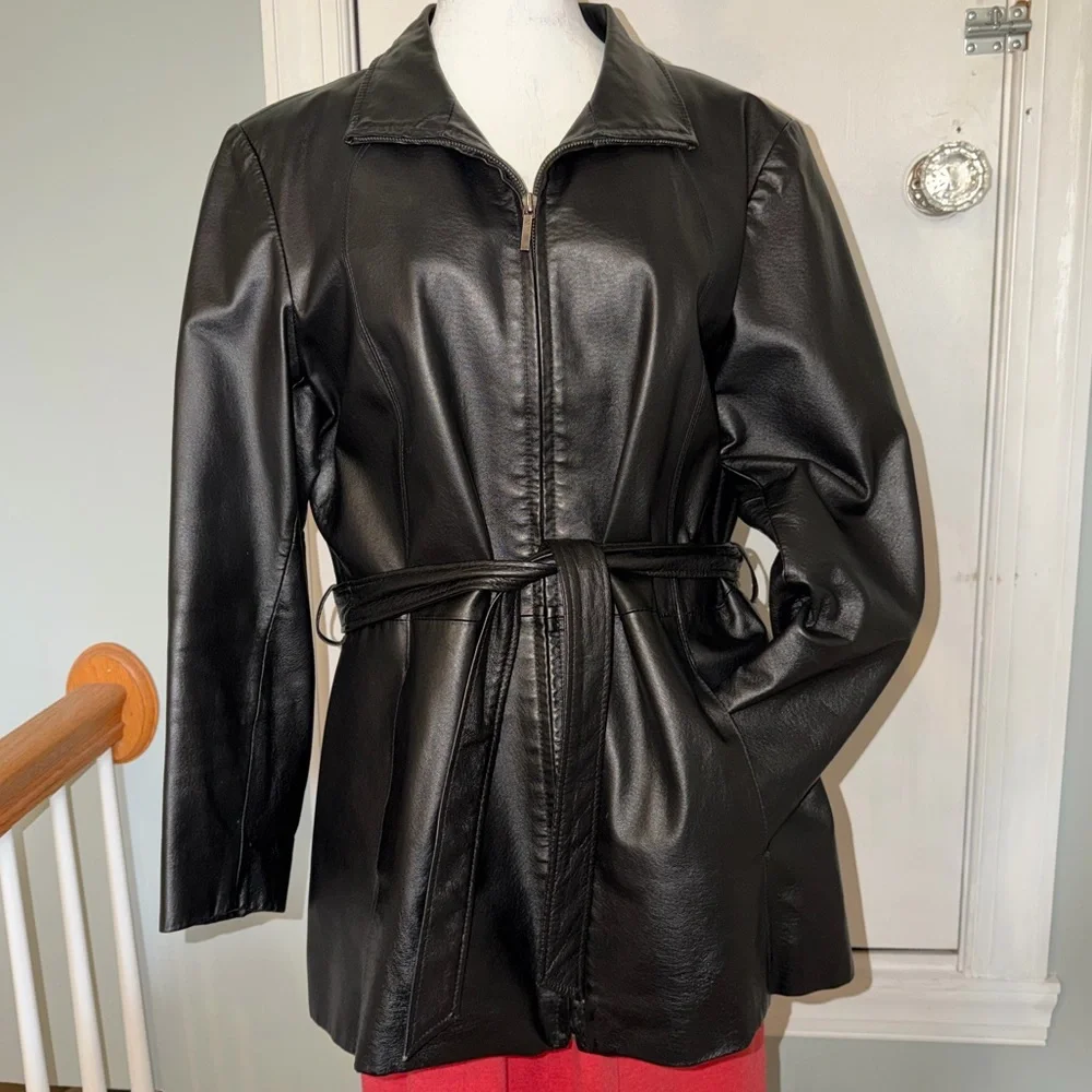 Worthington Black Leather 3/4 Jacket/Coat with Tie Belt Sz L